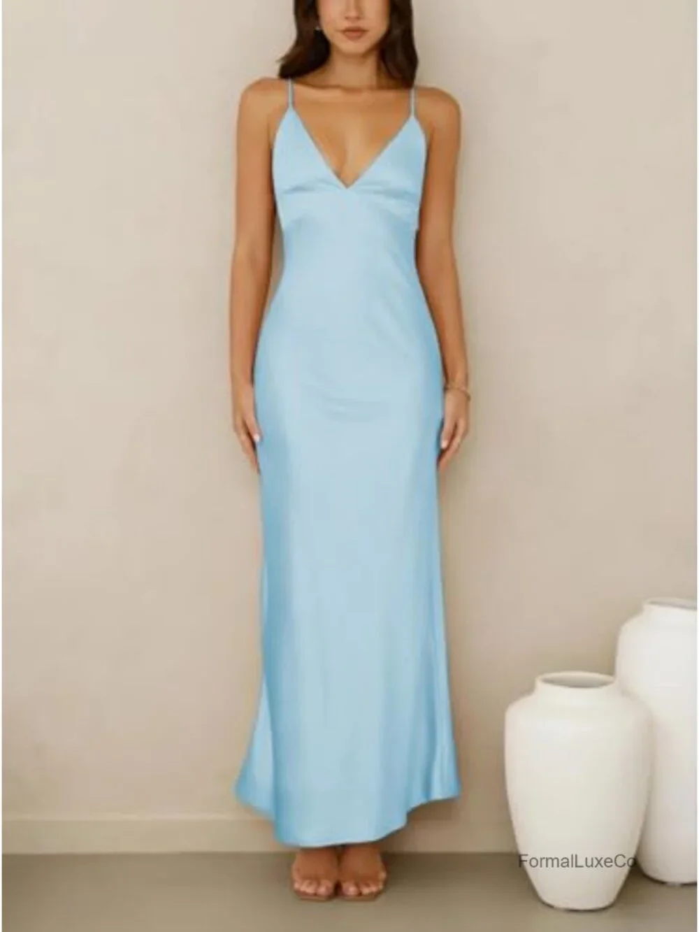Satin Midi Dress Spaghetti Strap V Neck Backless Tie Back Cocktail